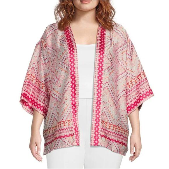 Slim Factor Satiny Mosaic Tile Open Front Short Sleeve Kimono Shirt Plus Sz 2X - Picture 1 of 7